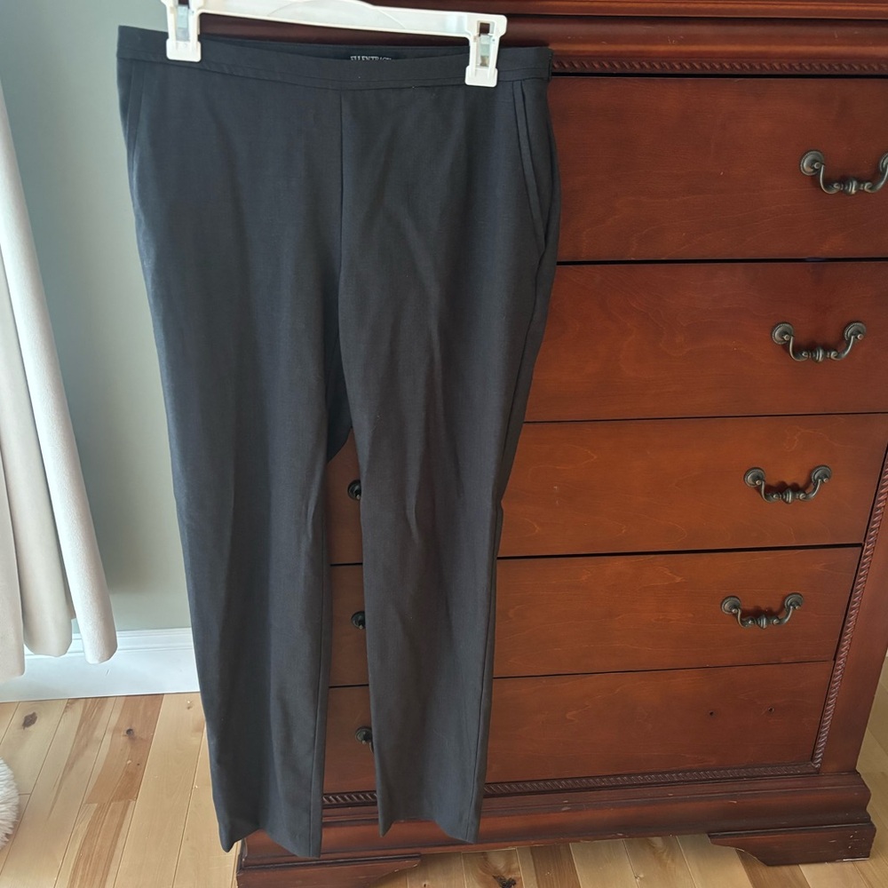 Dark gray, side zipper dress pants. Slim, tapered leg Ellen Tracy size 2